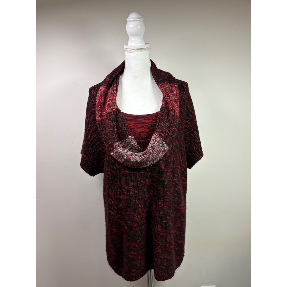 Style & Co Womens XL Red Black Marled Cowl Neck Short Sleeve Sweater Tunic